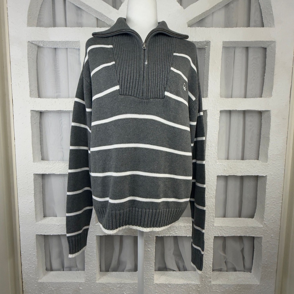 United Colors of Benetton Gray Striped Quarter Zip Cotton Knit Sweater - Picture 6 of 12